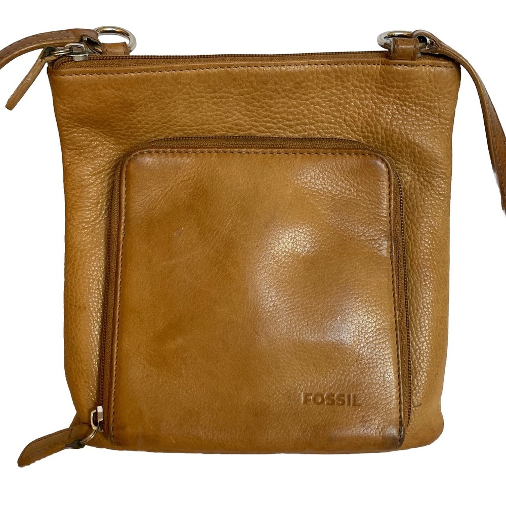 Fossil Whiskey Saddle Brown Leather Crossbody Shoulder Bag Zip Pockets Organizer - Picture 2 of 12